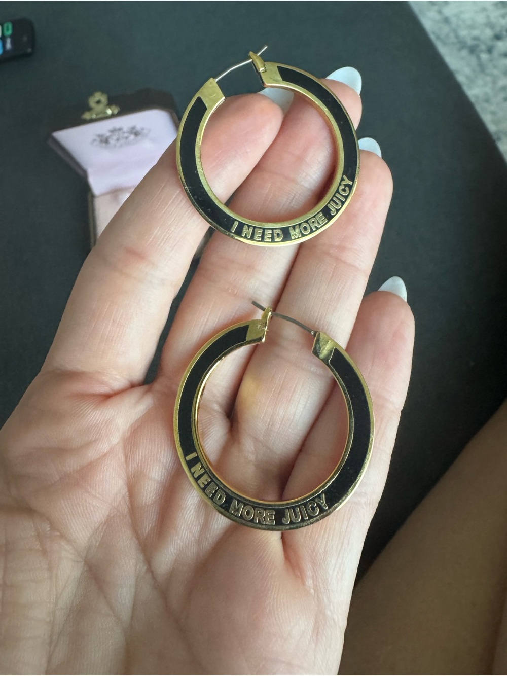 Gold & Black Hoop Earrings - "I NEED MORE JUICY" juicy couture earrings!
